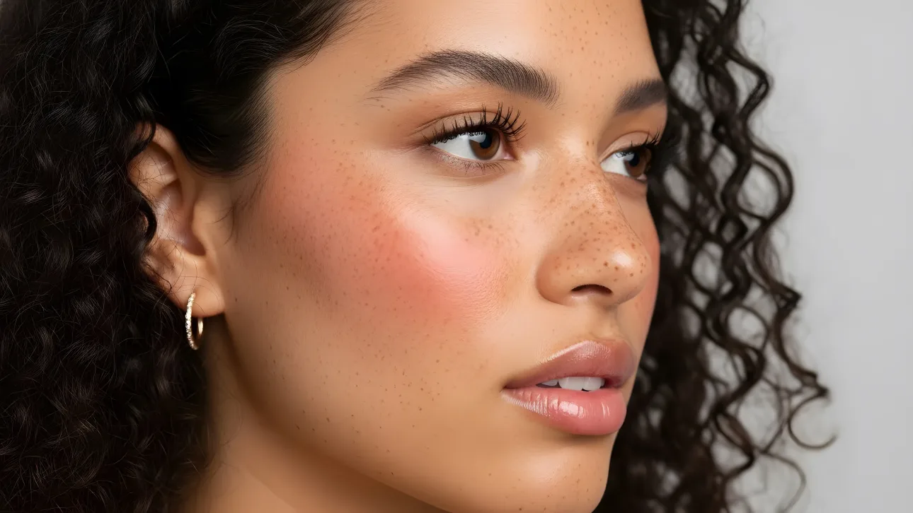 Showcase captivating beauty with this stunning close-up featuring a woman's freckled skin and radiant, glossy lips.