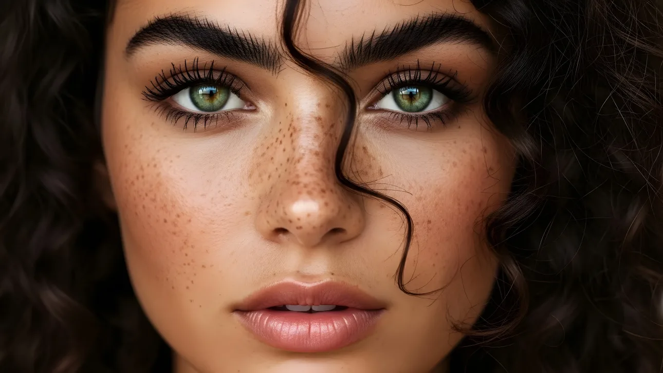 Enhance your designs with this detailed portrait of a freckled woman, featuring captivating green eyes and a natural skin texture.