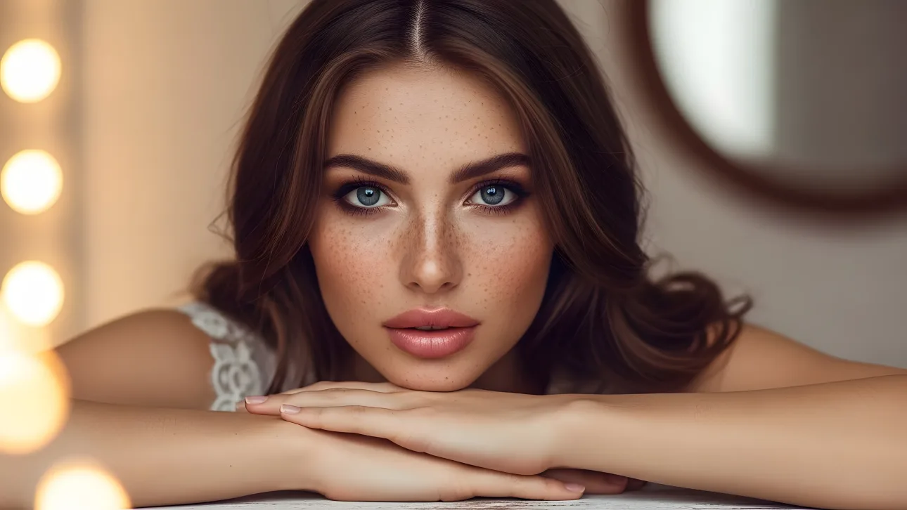 Elevate your project with this portrait of a beautiful woman with freckles and captivating eyes.