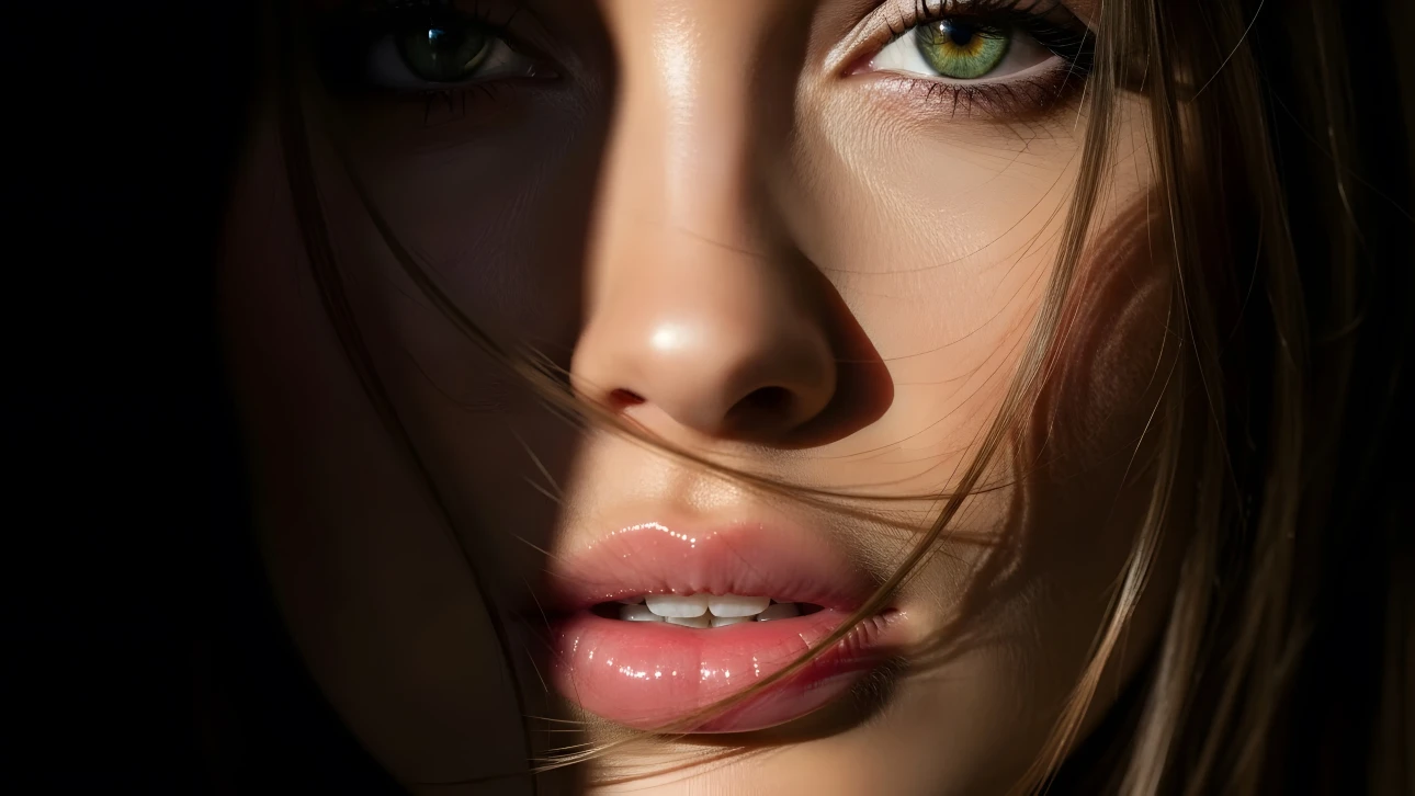 Elevate your visual projects with this striking close-up featuring captivating green eyes and glossy lips.