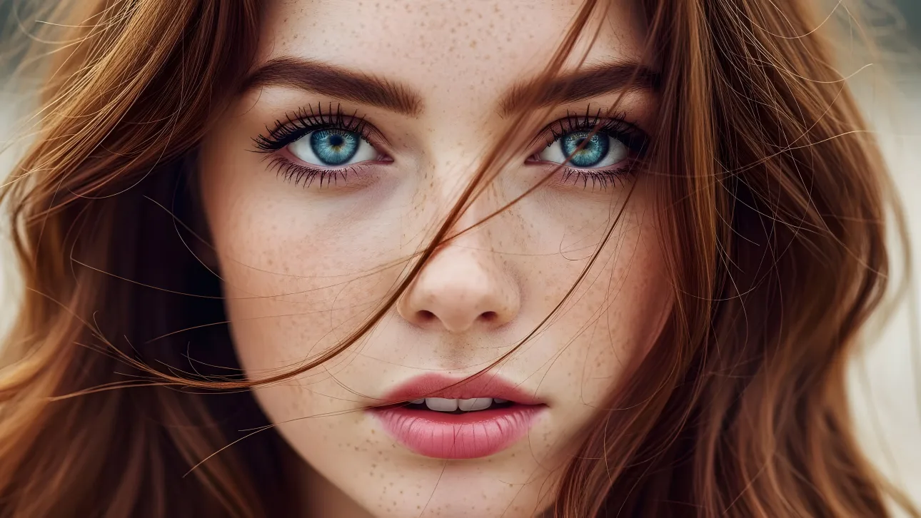 Enhance your project with a captivating redhead woman, featuring striking blue eyes and delicate freckles.