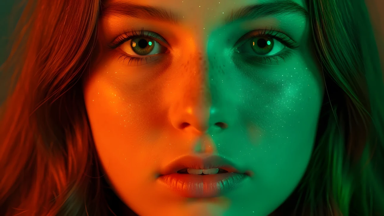 Enhance your project with this captivating portrait featuring a girl with sparkling freckles, split neon lighting, and a mesmerizing gaze.