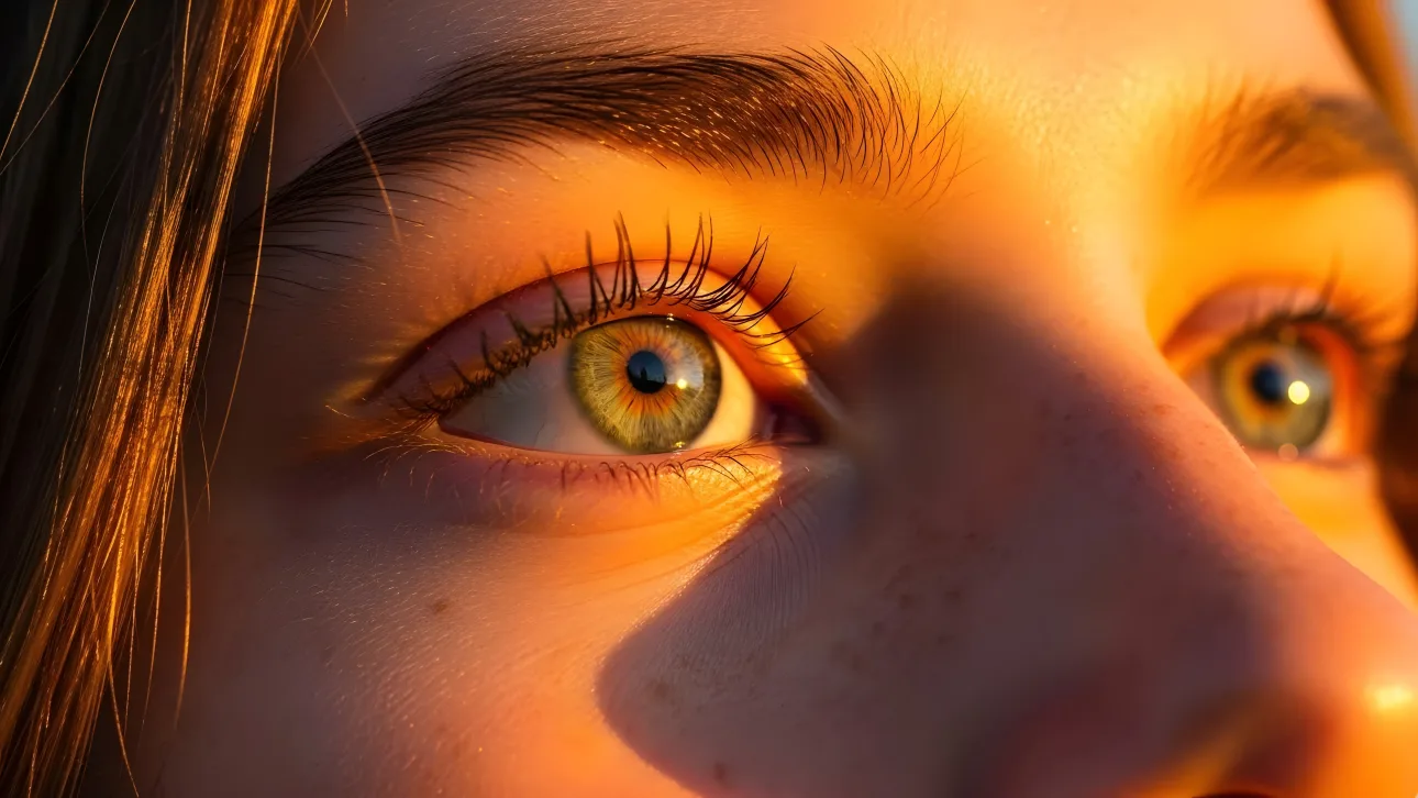 Elevate your creative projects with this captivating close-up of a human eye reflecting golden light.
