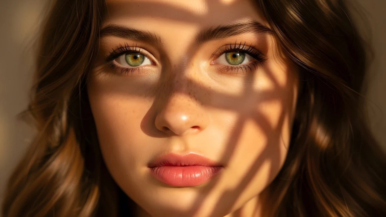 Elevate your project with this striking close-up of a young woman's face, featuring natural light and shadows.