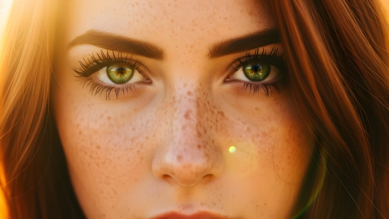 Elevate your project with a striking close-up of a freckled woman's face with captivating green eyes.