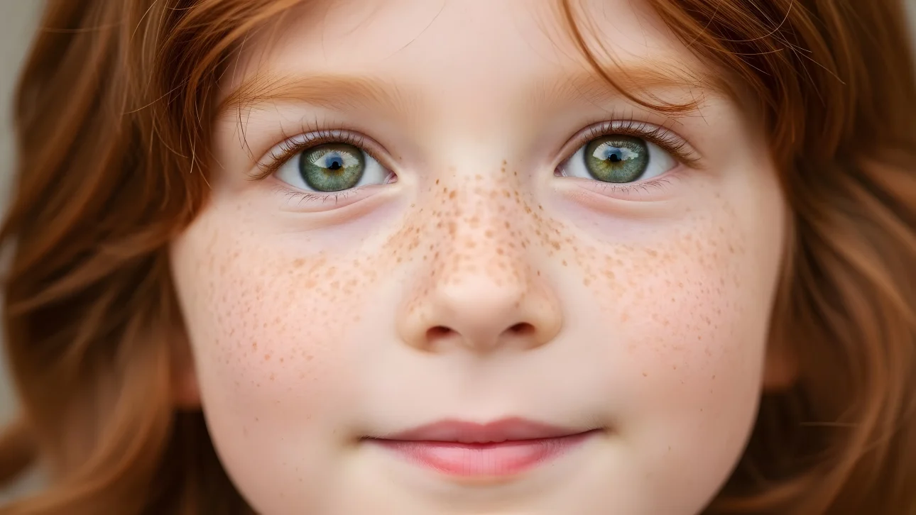 Capture authentic innocence with this child portrait featuring striking green eyes and delicate freckles.