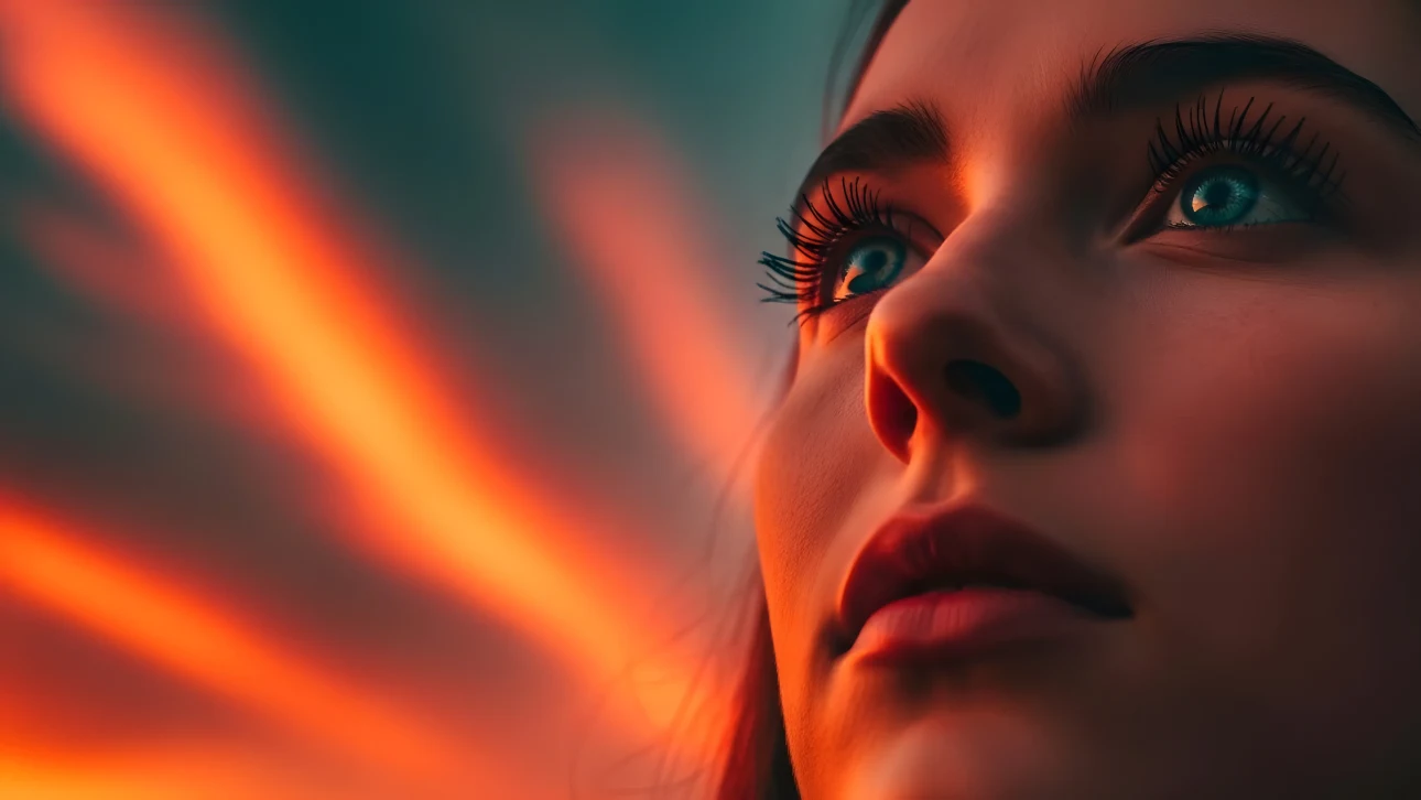 Elevate your project with this captivating image of a woman with striking blue eyes, bathed in sunset light.