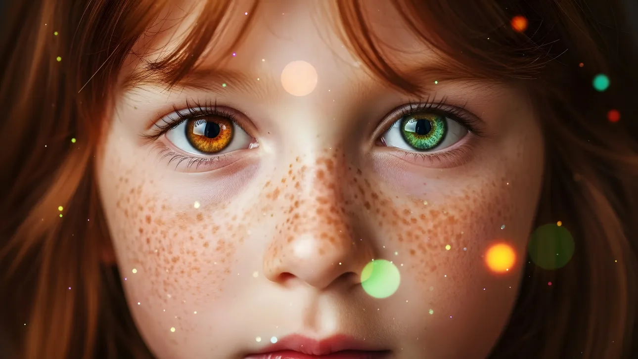 Explore a captivating close-up of a girl with heterochromia, showcasing freckles and dreamy bokeh.