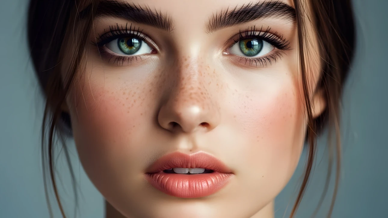 Enhance your designs with this close-up image of a woman's face featuring striking green eyes and subtle freckles.