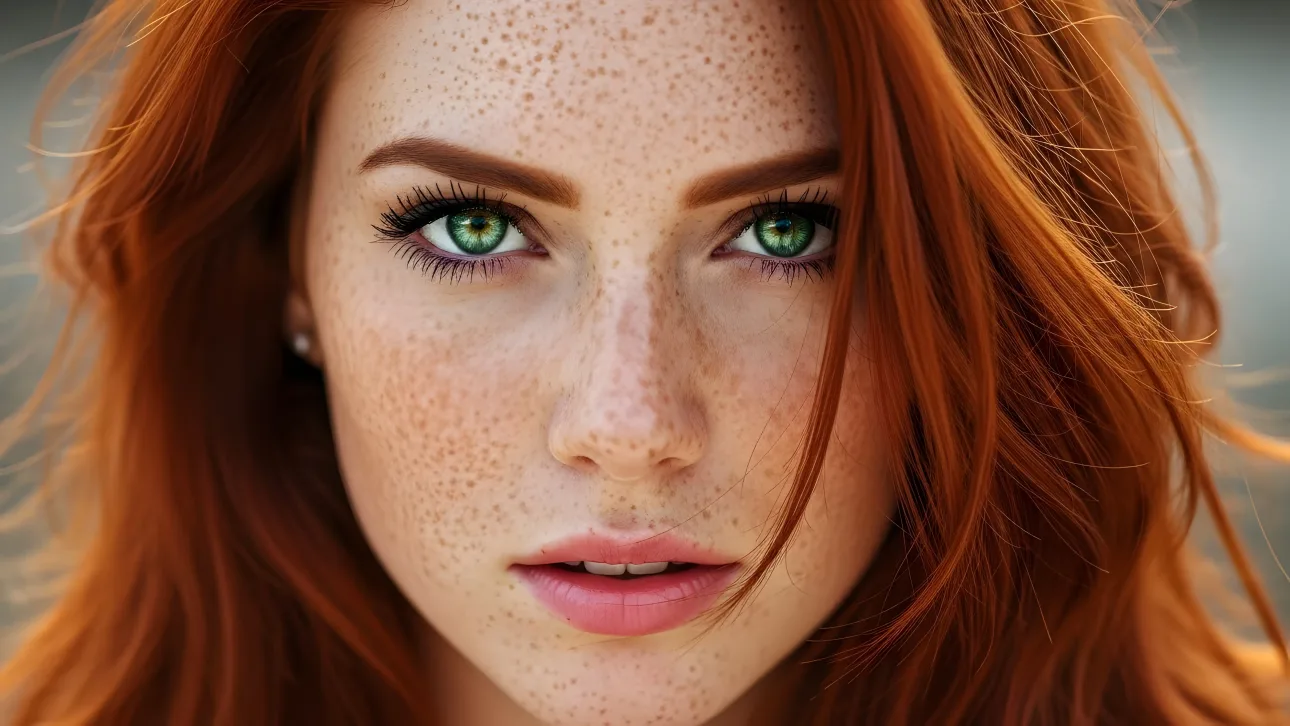 Elevate your project with this striking image of a redhead woman featuring radiant green eyes and sun-kissed freckles.