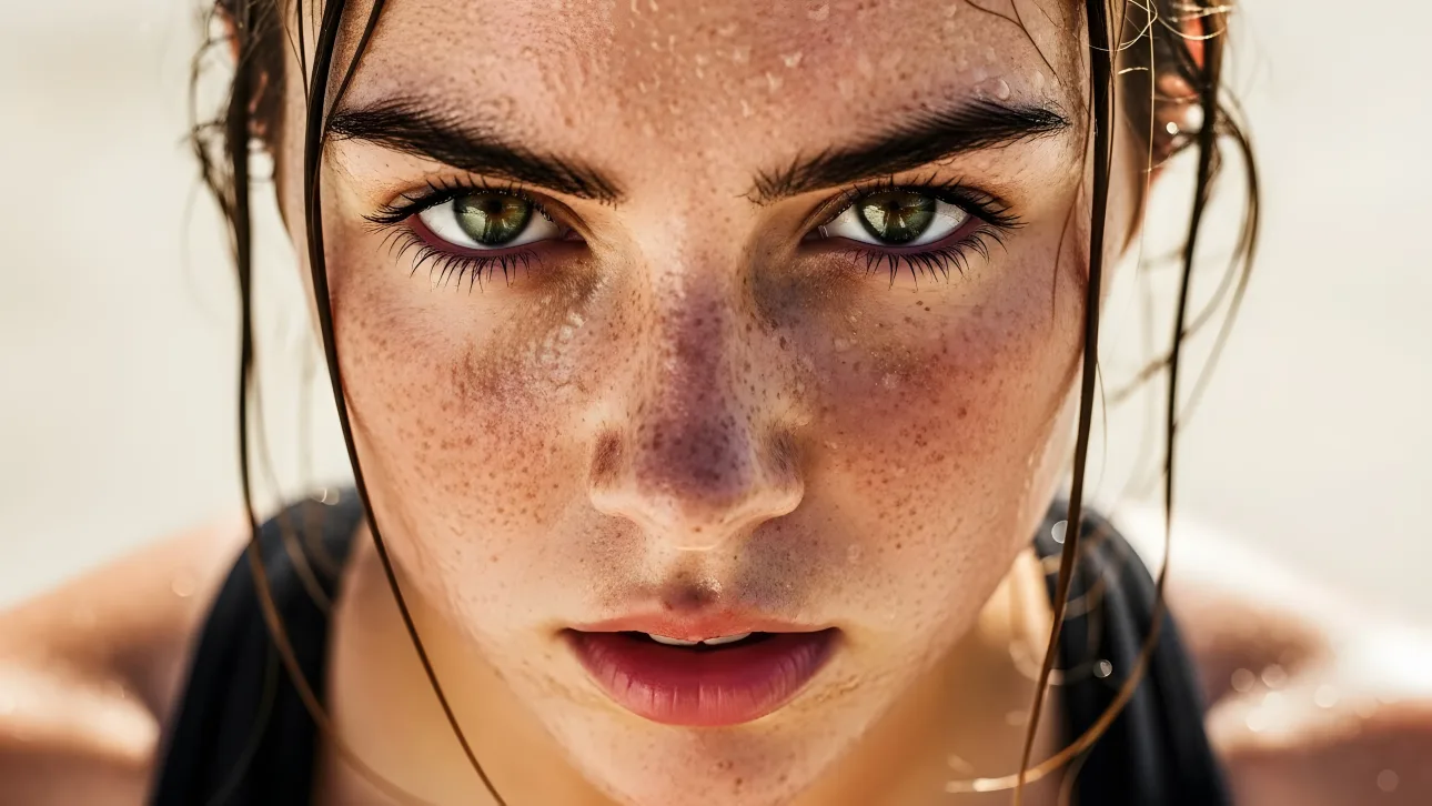 Elevate your visuals with this captivating close-up of a woman's freckled face, featuring striking green eyes and a powerful expression.