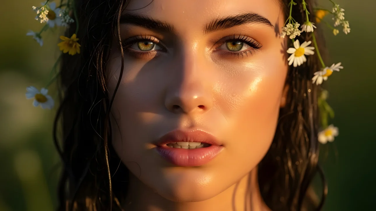 Enhance your designs with this ethereal portrait featuring a woman adorned with daisies.