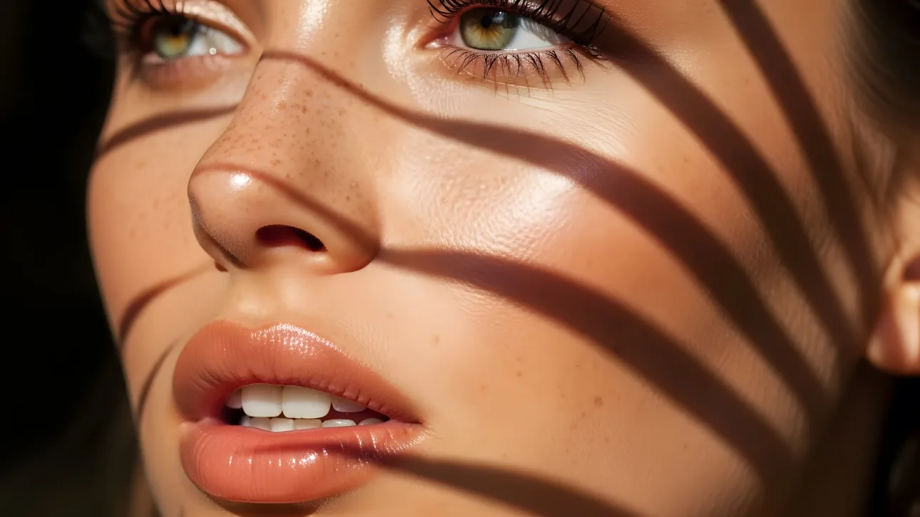 Enhance your visuals with this close-up of a woman's face featuring luminous skin and shadow play.