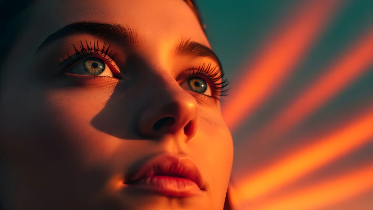 Elevate your designs with this compelling portrait of a woman bathed in sunset light.