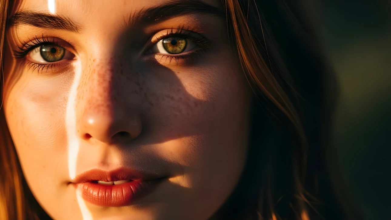 Capture ethereal beauty with this striking close-up featuring a woman's freckled face bathed in radiant golden hour light.