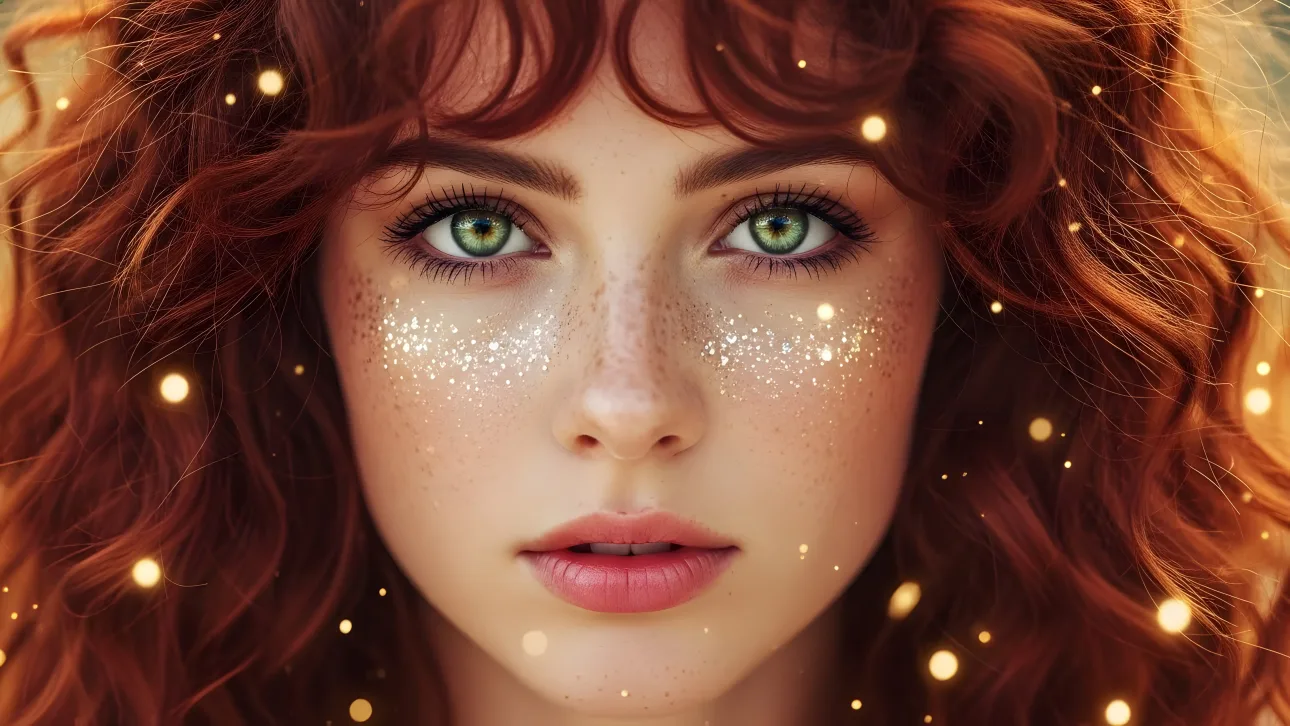 Elevate your designs with this ethereal portrait featuring a freckled redhead and glittering accents.