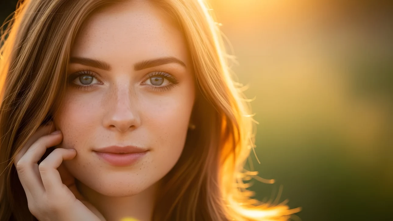Elevate your project with this stunning portrait of a woman with freckles bathed in warm golden light.
