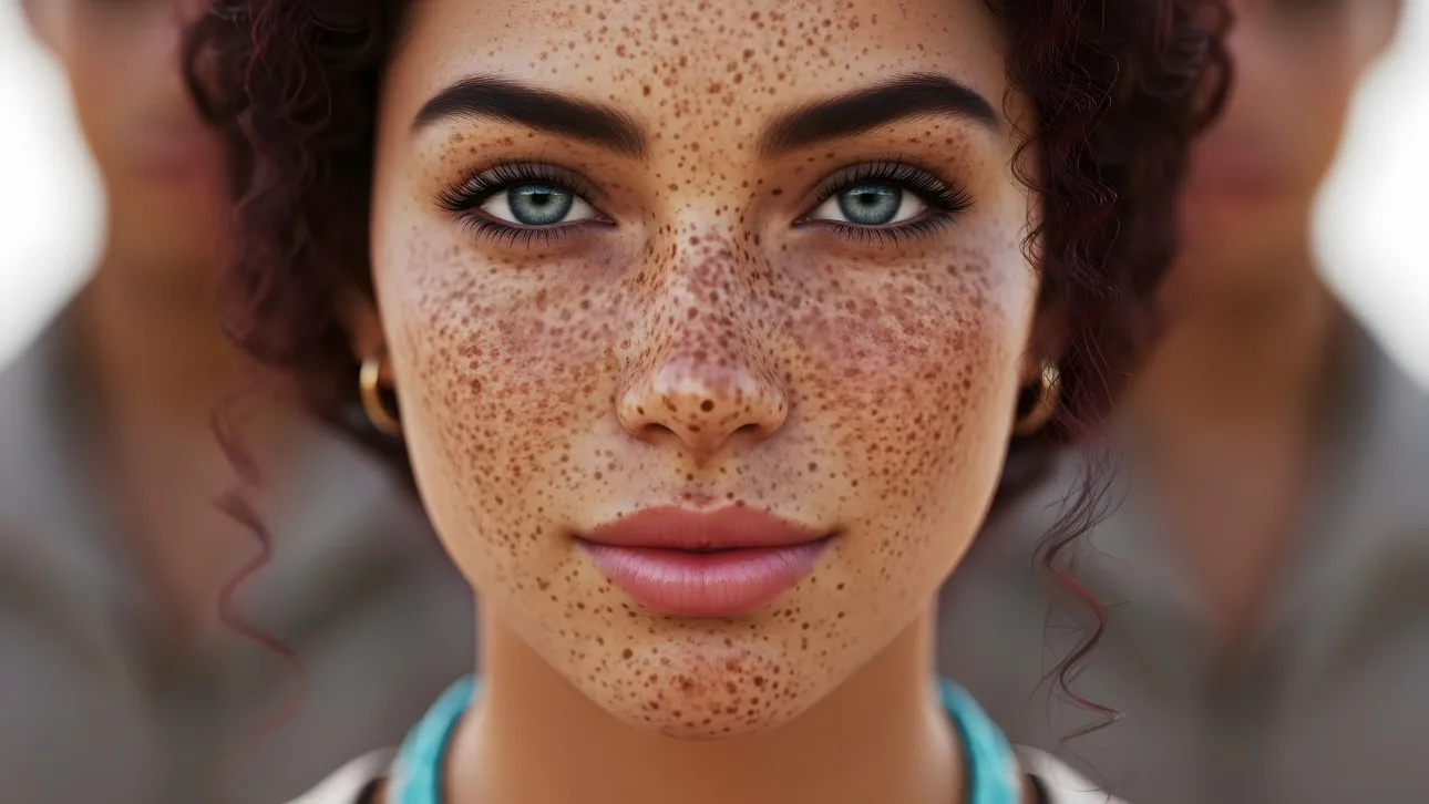 Enhance your project with a stunning portrait featuring a beautiful freckled woman with captivating blue eyes.