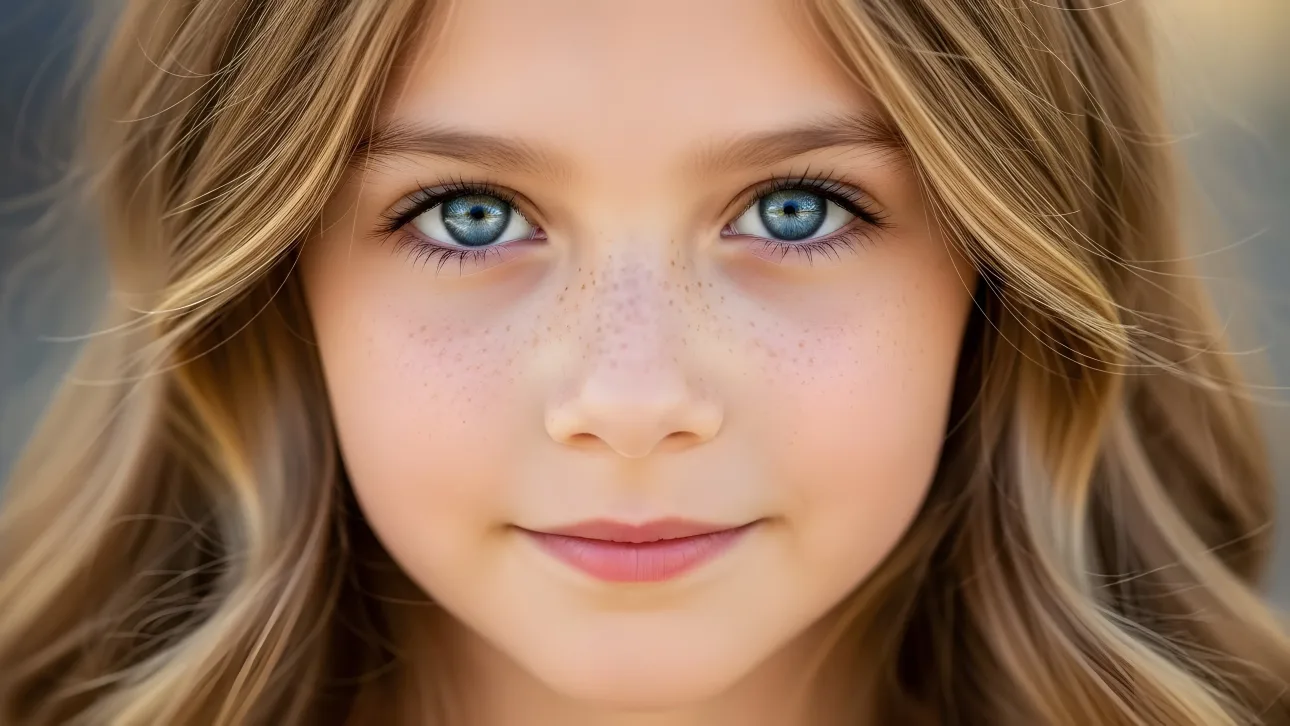 Enhance your project with this charming portrait of a young girl with captivating blue eyes and freckles.