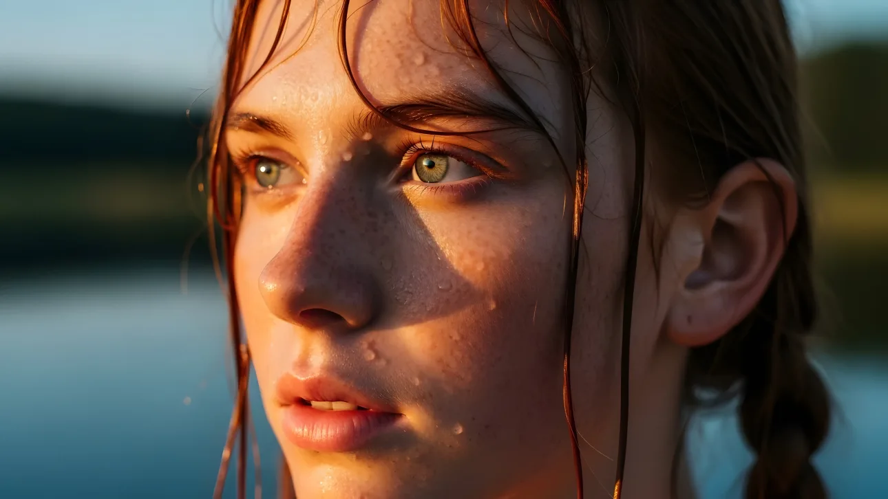 Elevate your project with this image of a redhead woman with freckles, featuring captivating green eyes and wet hair.