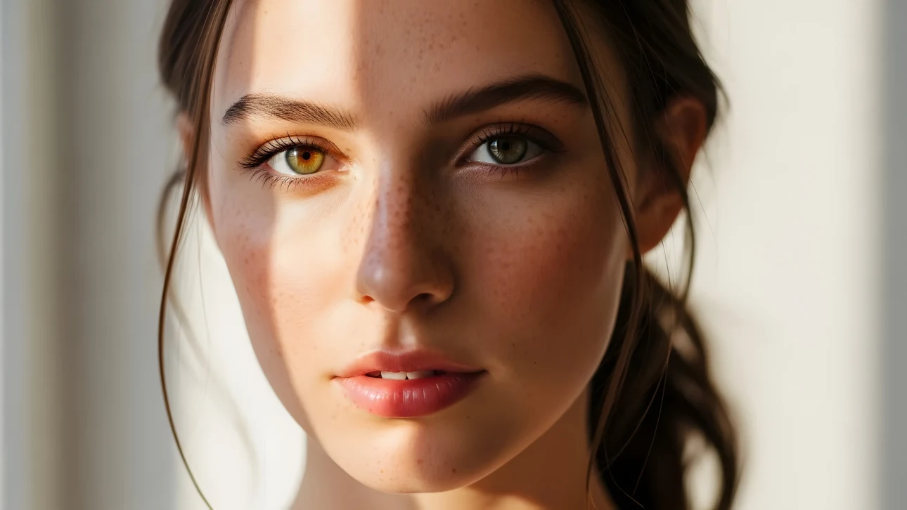 Enhance your project with this captivating portrait featuring a freckled woman in diffused sunlight.