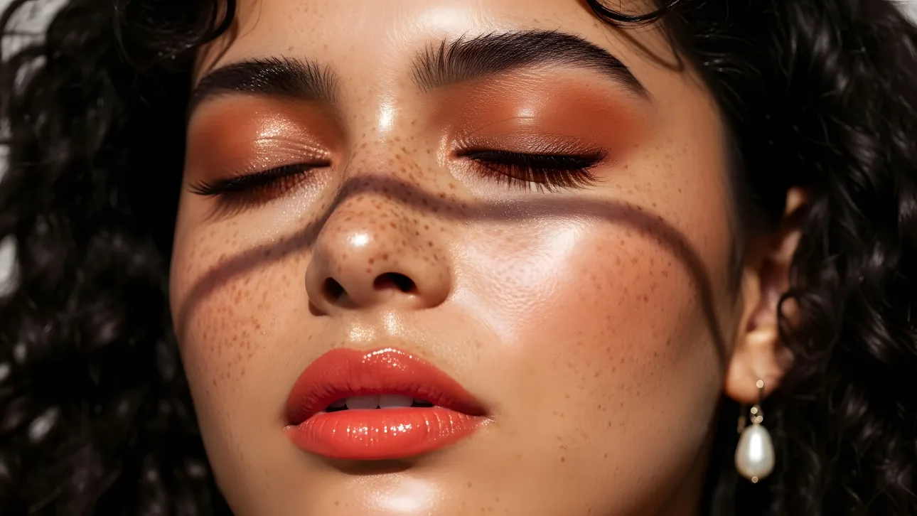 Elevate your designs with this close-up of a woman's face featuring radiant makeup.