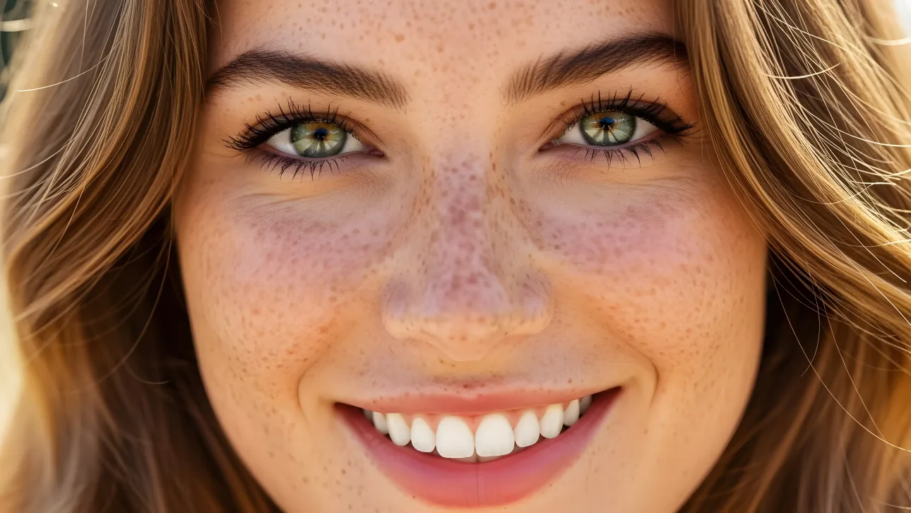 Enhance your project with this close-up of a smiling woman. The detailed freckles and vibrant green eyes make this a premium design asset.