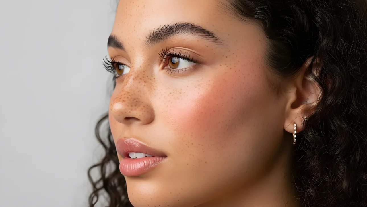 Elevate your designs with this striking image of a woman with natural beauty, highlighting freckles and a radiant glow.