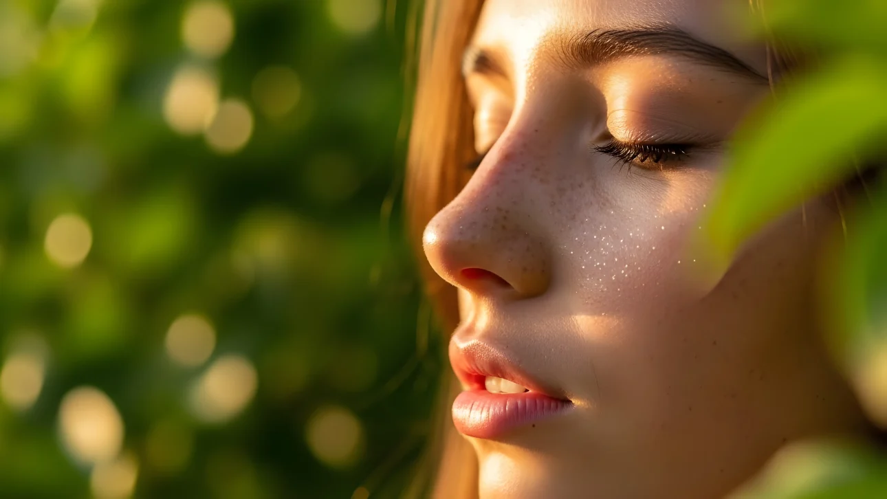 Elevate your project with this beautiful image of a woman's face, highlighting natural beauty and a dreamy, sunlit ambiance.