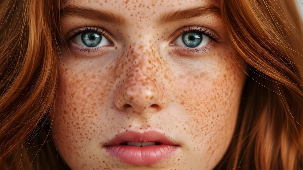 Showcase stunning beauty with this detailed image of a redhead featuring freckles.