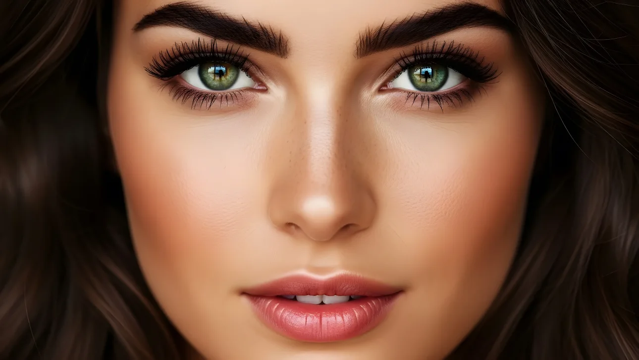 Elevate your designs with this stunning close-up portrait of a woman, showcasing captivating green eyes.