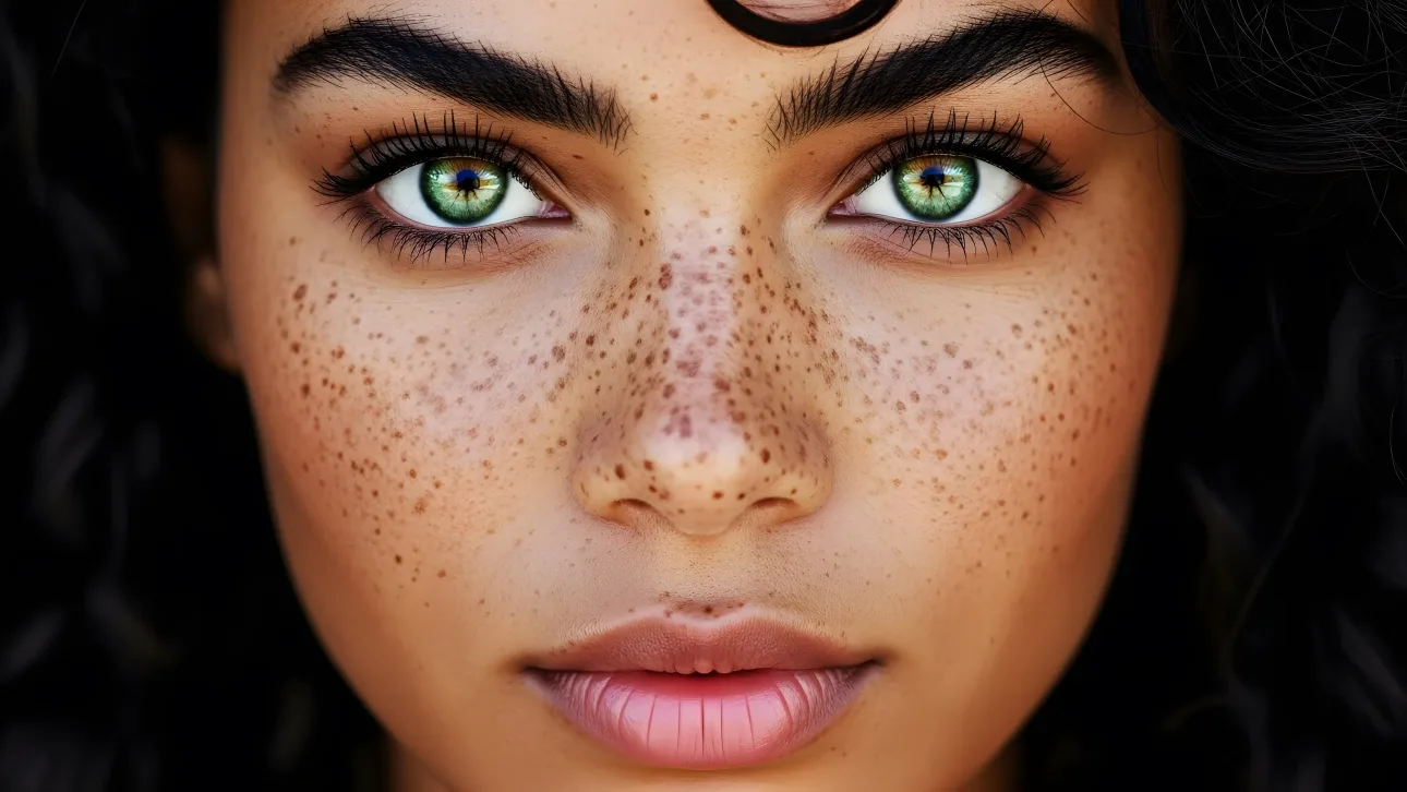 Capture authentic beauty with this close-up of a woman's freckled face and striking green eyes.