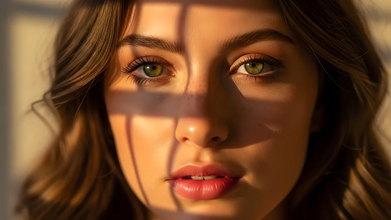 Elevate your visuals with this stunning portrait featuring a woman's captivating green eyes bathed in the warm glow of golden hour light.