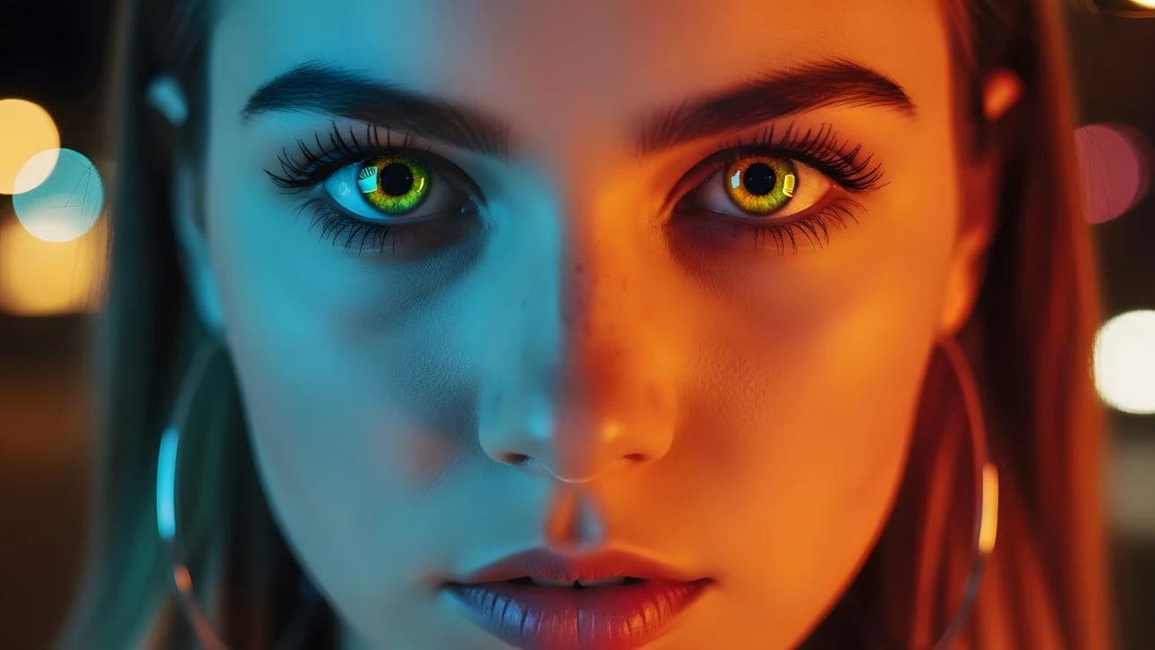 Explore this captivating portrait showcasing striking heterochromia in a woman's eyes, enhanced by vivid neon lighting.