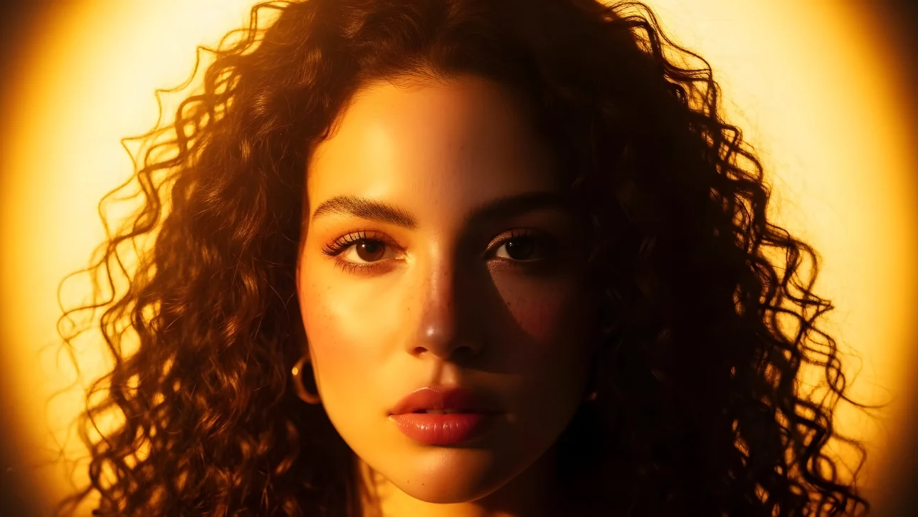 Elevate your creative project with this striking portrait of a curly-haired woman bathed in warm golden light, perfect for captivating audiences.