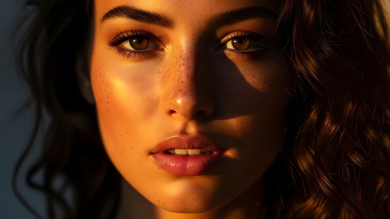 Discover a captivating close-up portrait, highlighting a woman with freckles in golden light.