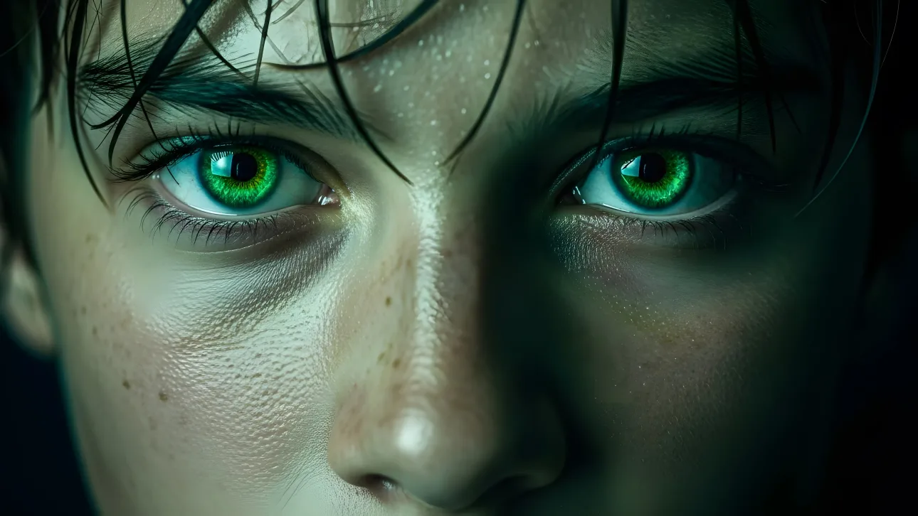 Explore captivating emerald eyes in a close-up view.
