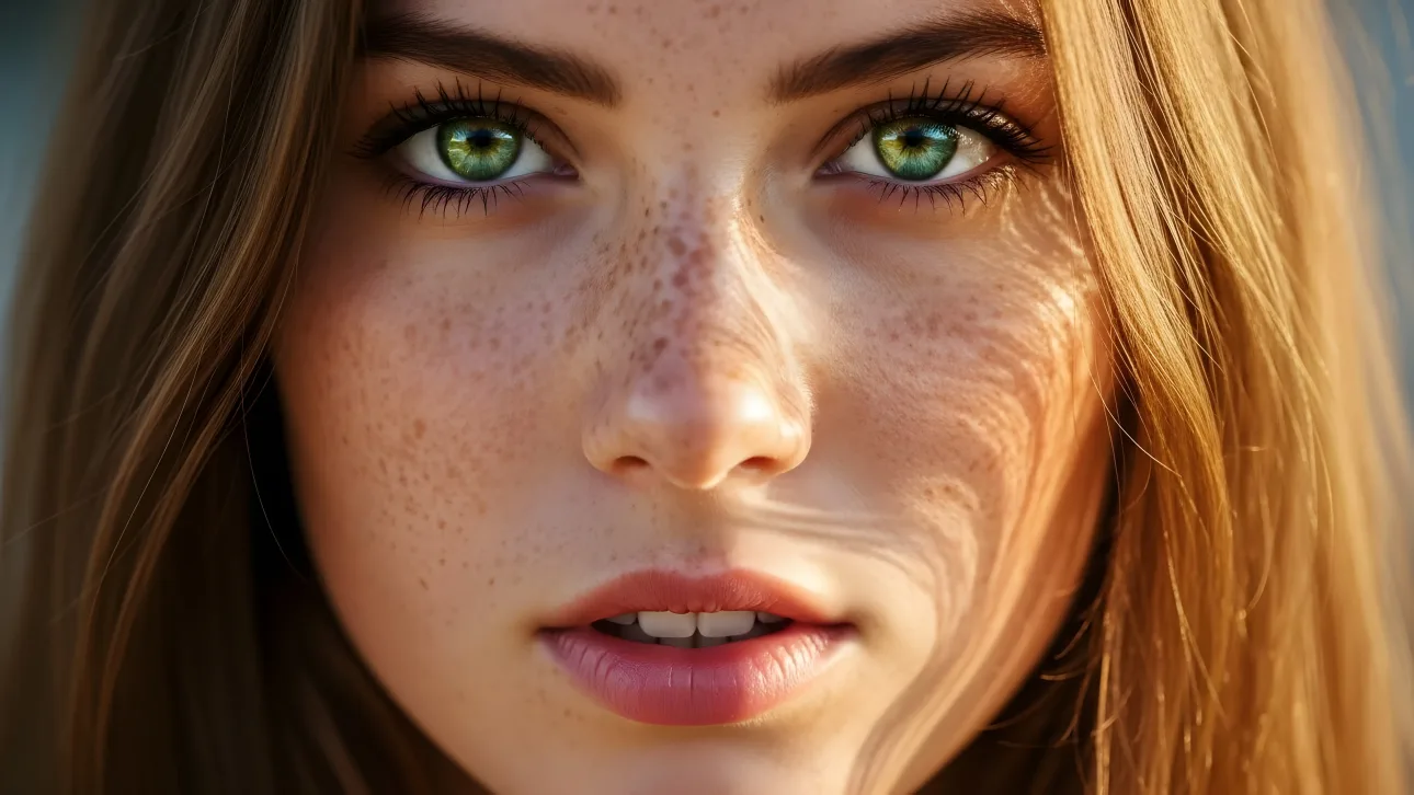 Elevate your project with this close-up of a beautiful woman showcasing vibrant green eyes and delicate freckles.