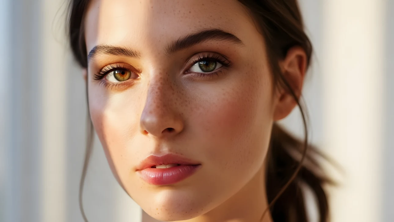 Showcase delicate beauty with this portrait featuring natural freckles and soft lighting.