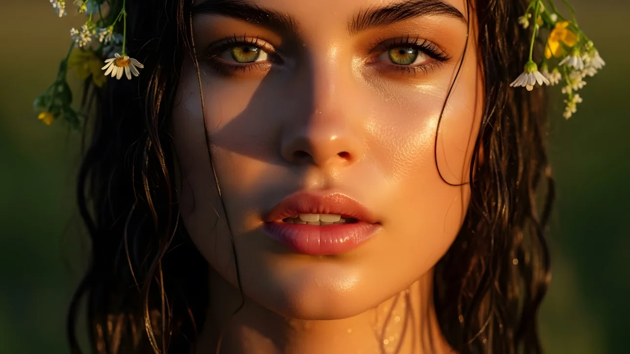 Elevate your project with this portrait of a radiant woman featuring a floral crown, perfect for high-end beauty and wellness branding.