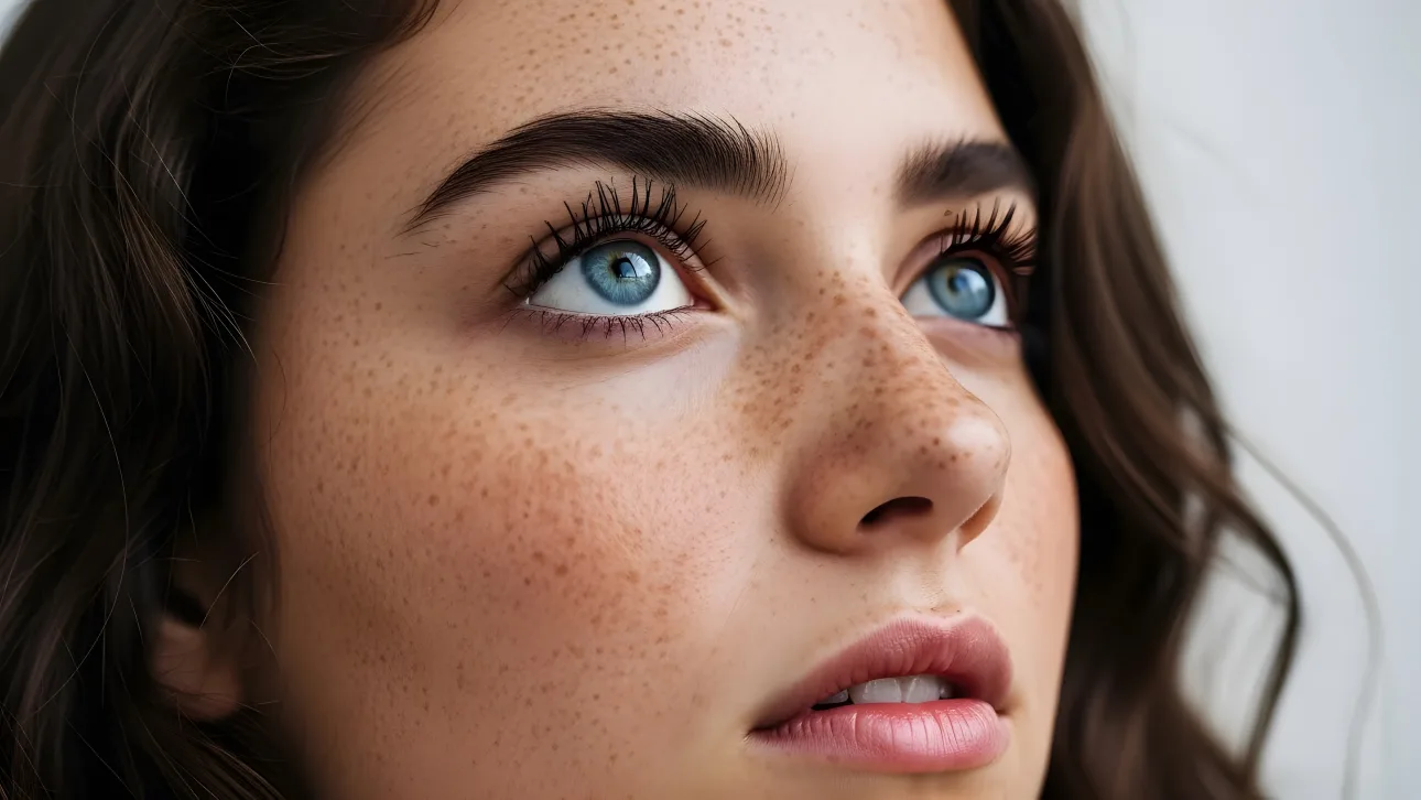 Enhance your designs with this beautiful portrait featuring a woman with striking blue eyes and freckles.