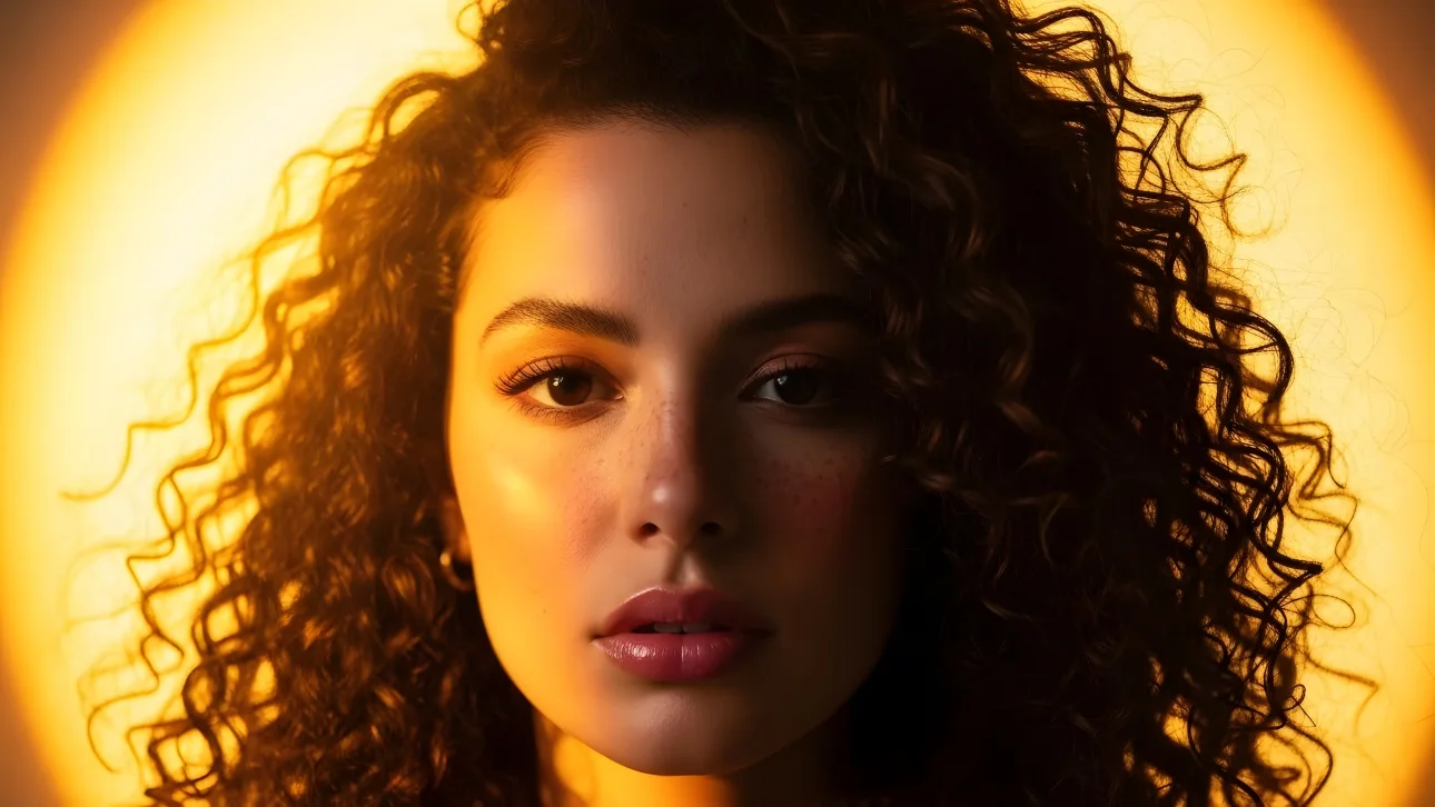 Enhance your creative projects with this striking portrait featuring a woman with freckles and curly hair.