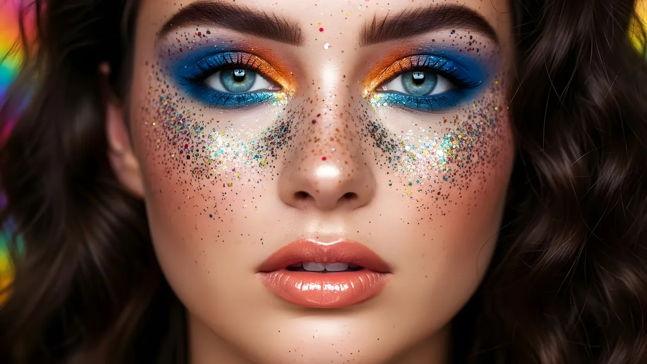 Elevate your beauty campaigns with this stunning image of a woman featuring bold eyeshadow and glitter accents.
