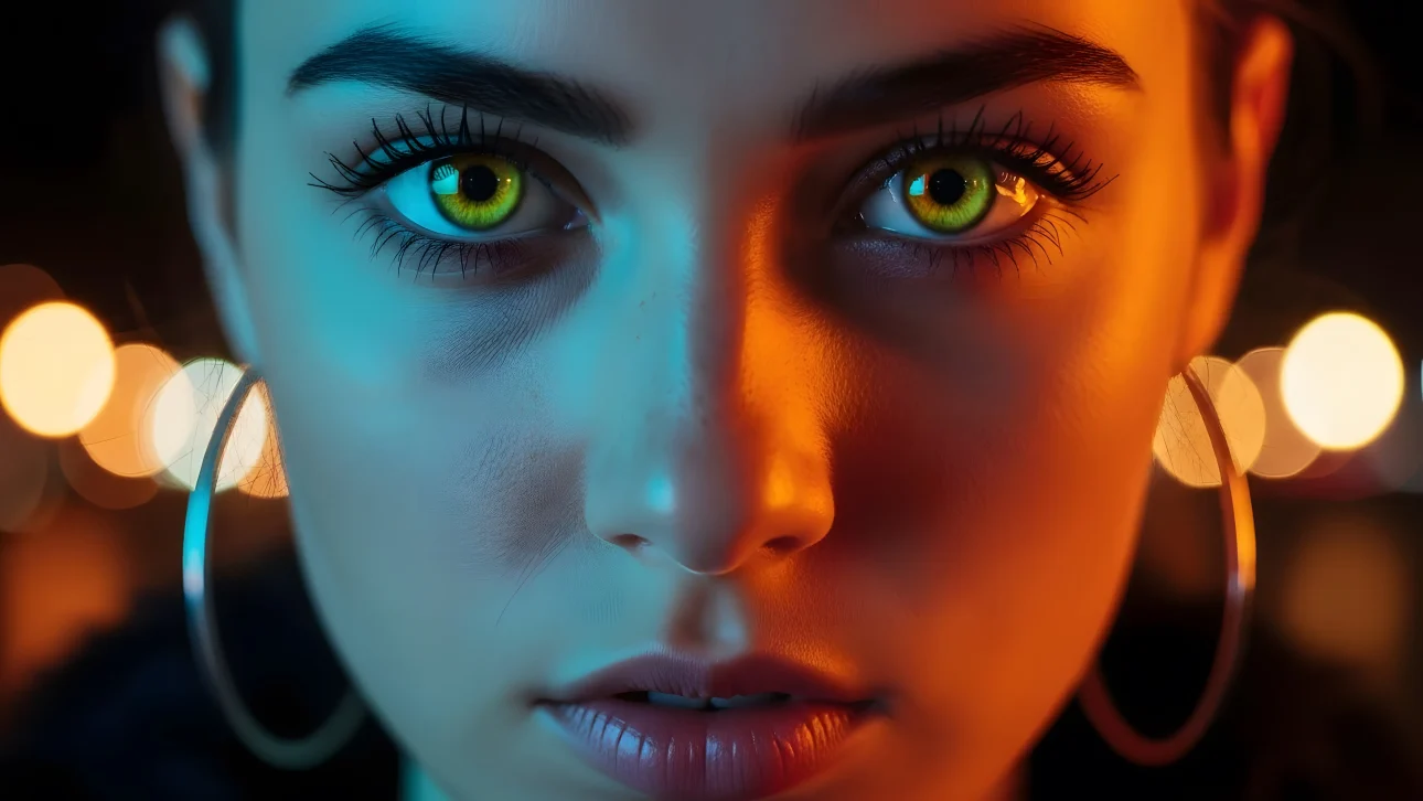 Elevate your project with this close-up of a woman's face, highlighting vibrant yellow eyes and dramatic neon lighting.