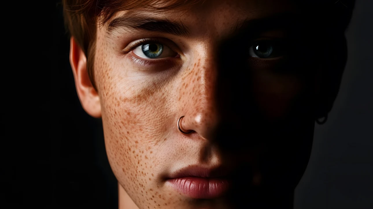 Capture authentic youth with this striking portrait featuring unique freckles and piercing blue eyes.