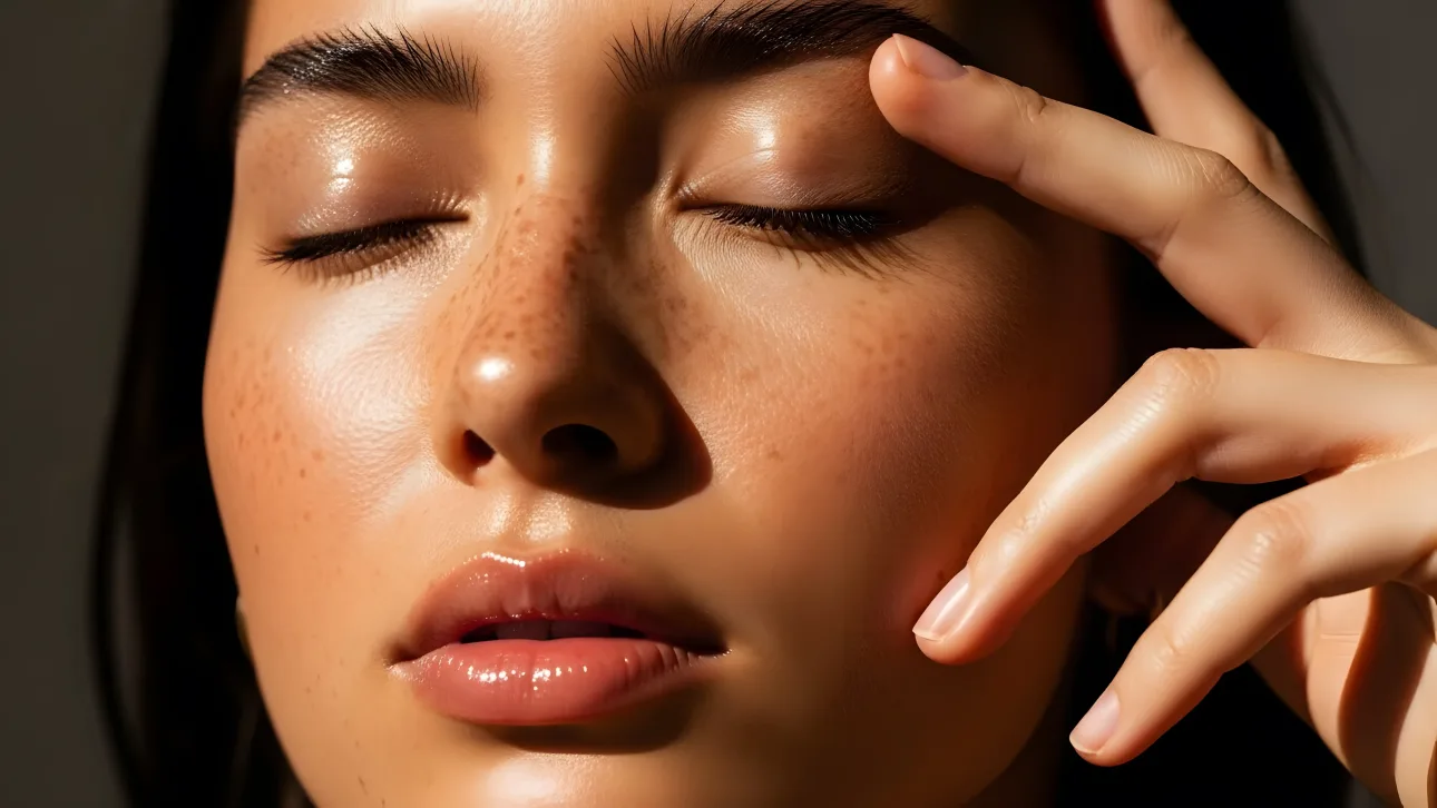 Enhance your project with this portrait of a serene woman featuring sun-kissed skin. Perfect for high-end beauty and wellness designs.