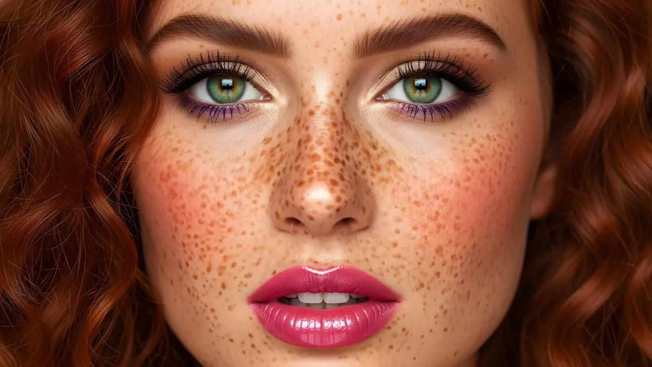Enhance your project with this striking portrait of a redhead woman featuring vibrant green eyes and unique freckles.