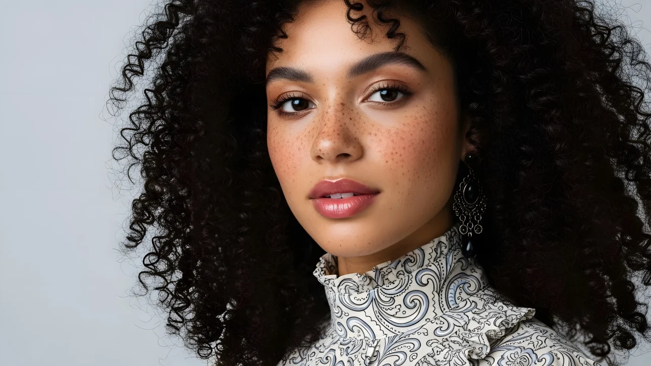 Elevate your project with a striking portrait featuring a woman's natural beauty and stylish vintage-inspired clothing.