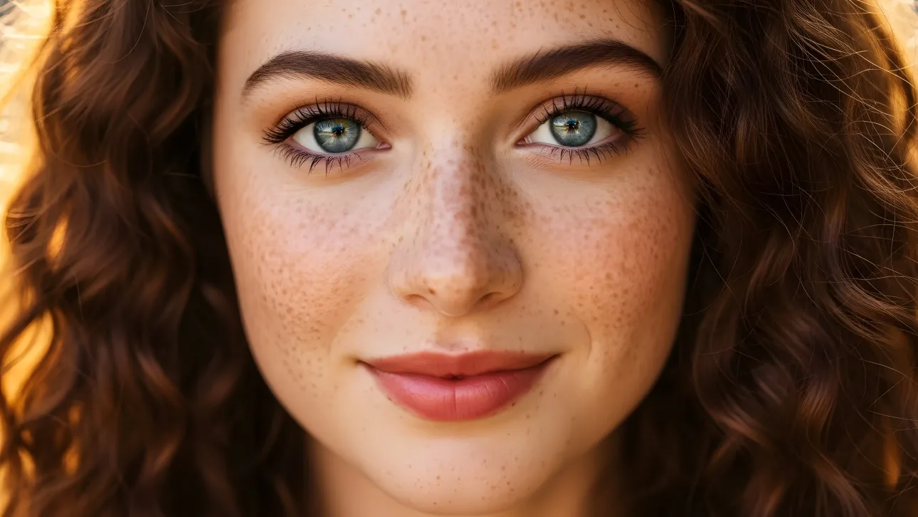 Enhance your designs with this captivating portrait featuring a freckled woman with striking blue eyes, perfect for beauty and lifestyle content.