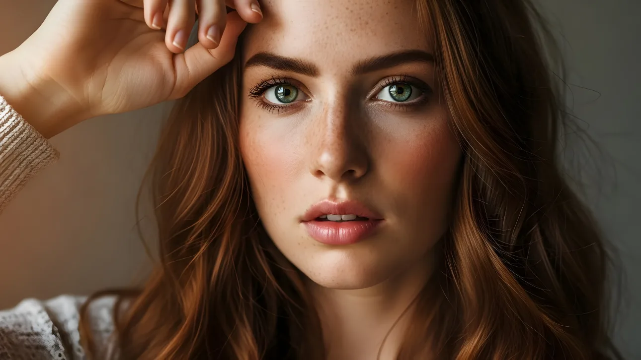 Elevate your project with this striking redhead portrait featuring vibrant green eyes and natural freckles.